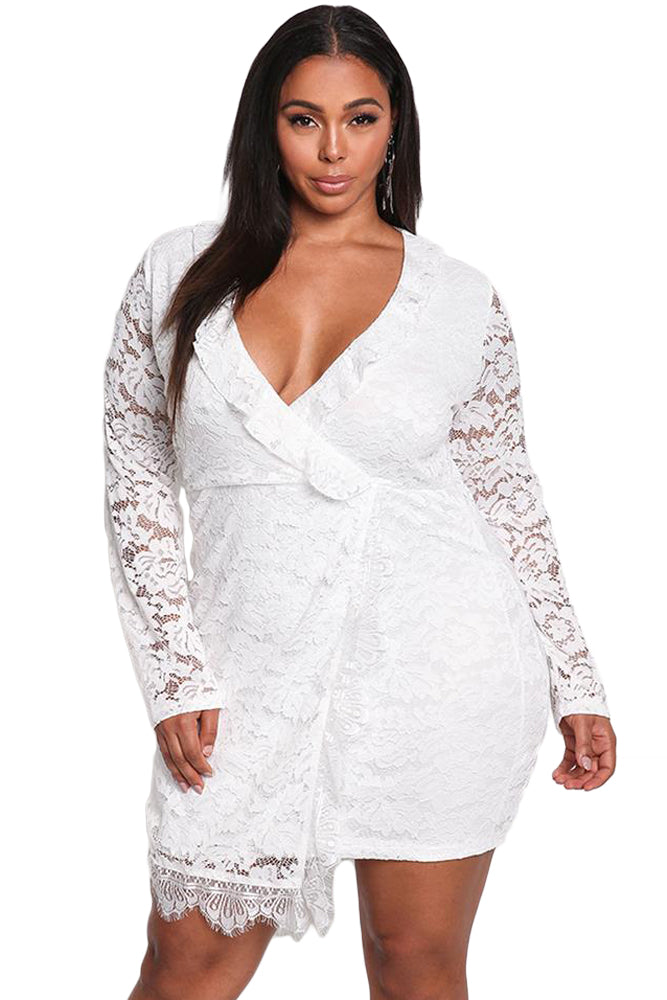 White Plus Size Lace Faux Wrap Ruffle Dress