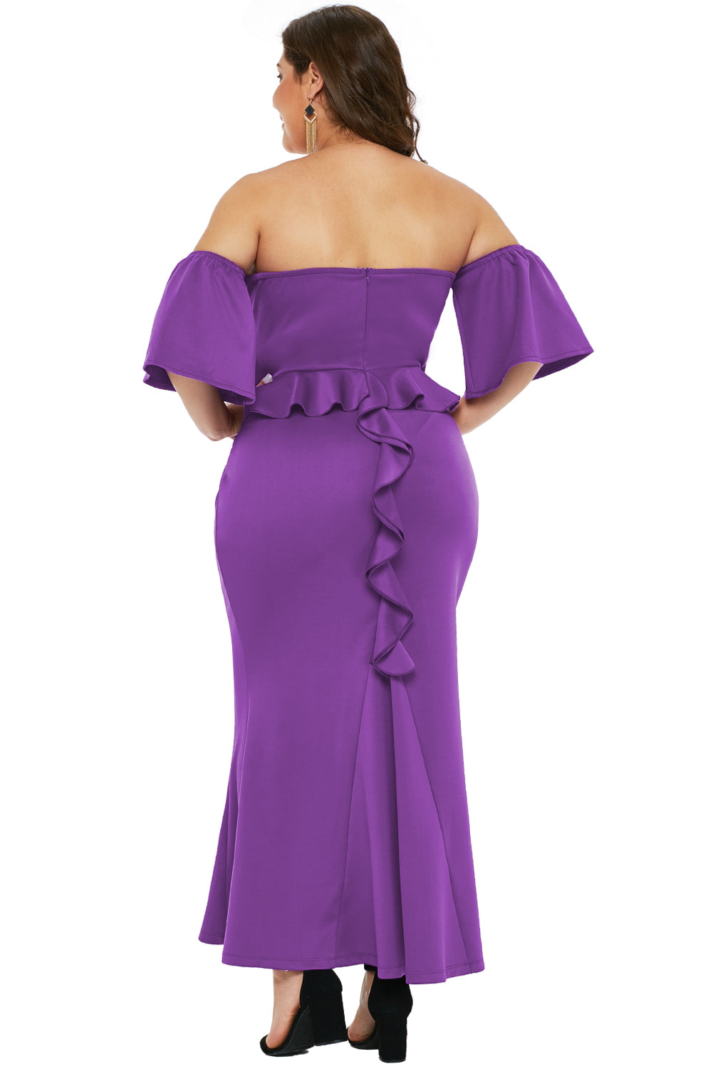 Purple Sexy Strapless Drop Shoulder Dress with Ruffles
