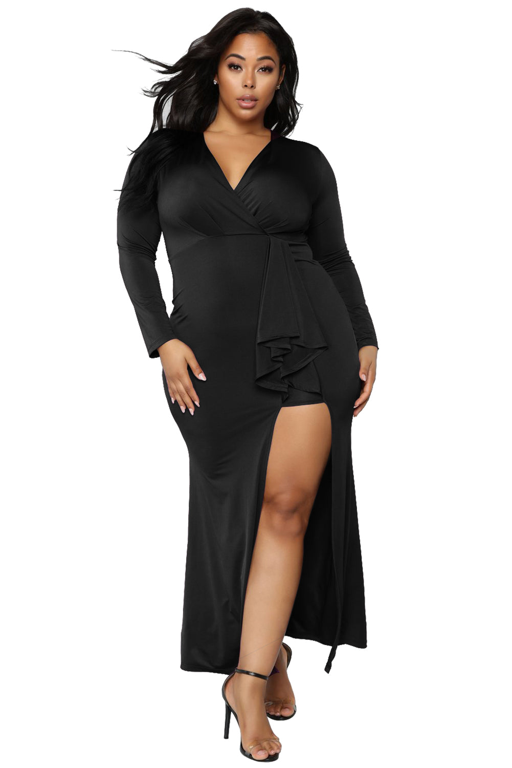 Black Surplice Long Sleeve Plus Size Dress