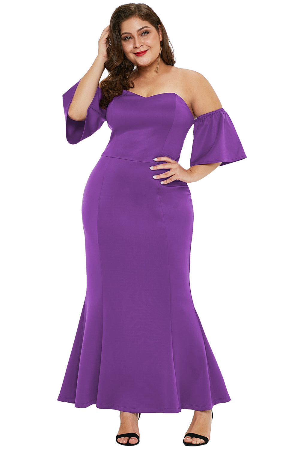 Purple Sexy Strapless Drop Shoulder Dress with Ruffles