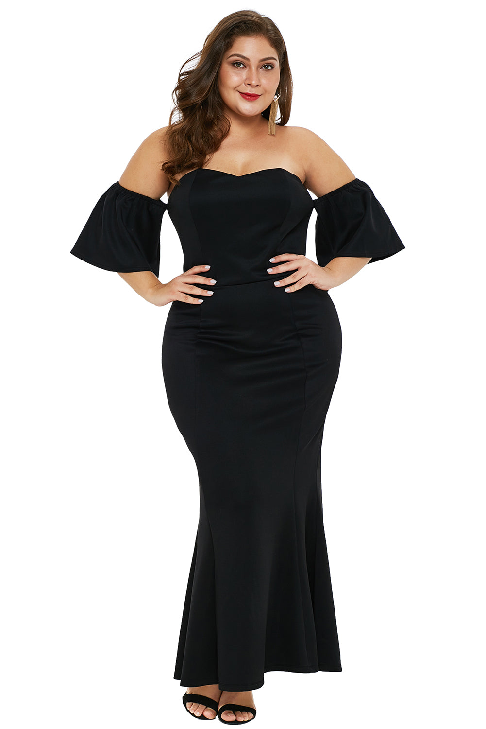 Black Sexy Strapless Drop Shoulder Plus Size Maxi Dress with Ruffles