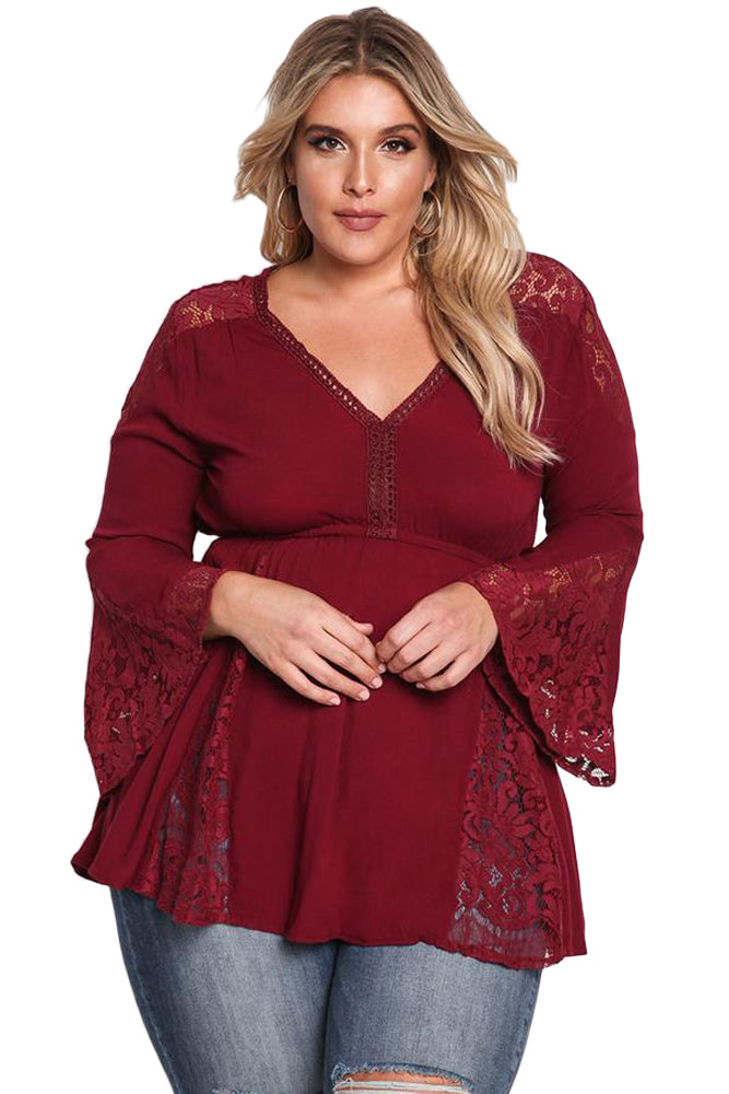 Burgundy V Neck Lace Insert Bell Sleeves Babydoll Plus Top