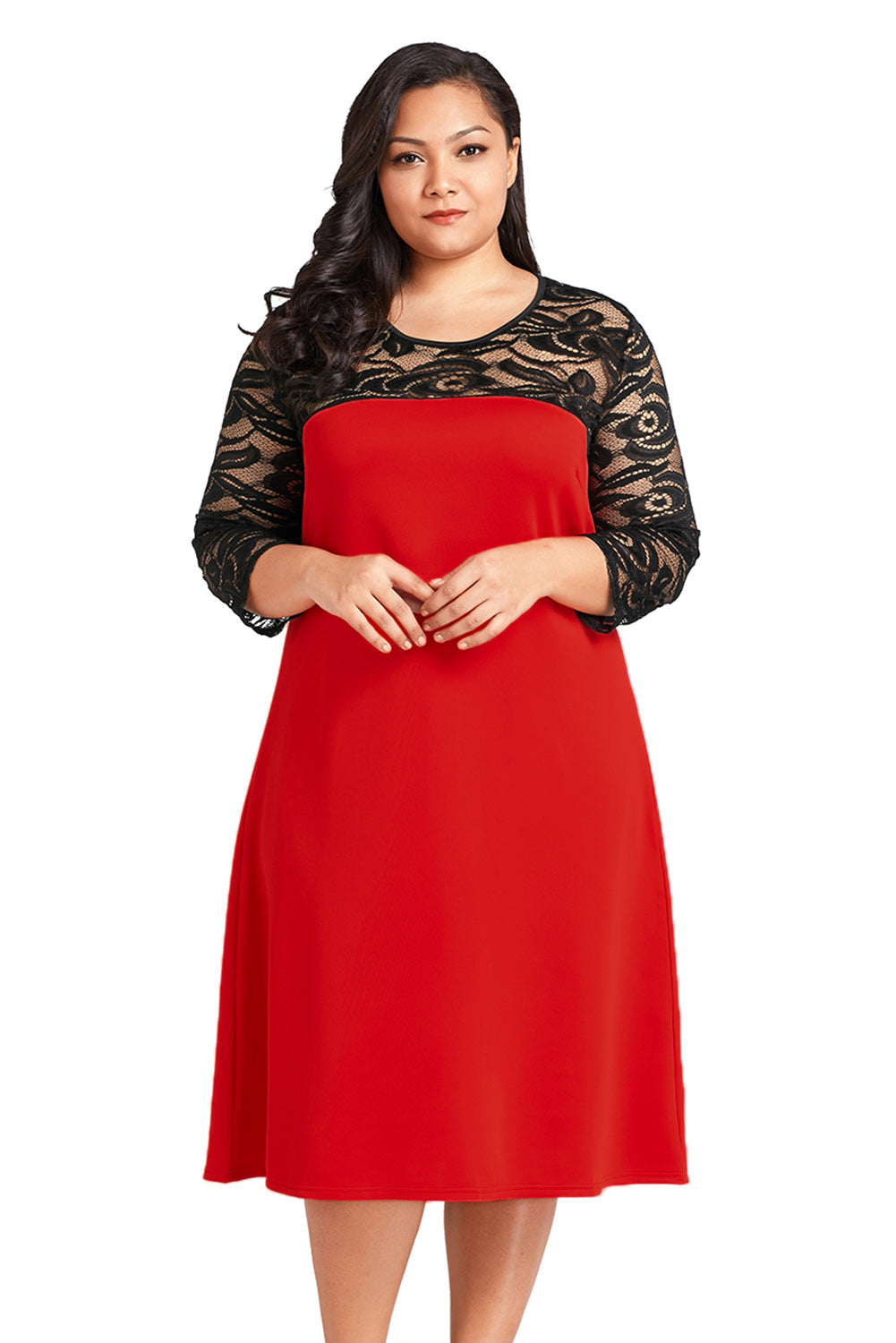 Red O Neck Lace Splice Plus Size Dress