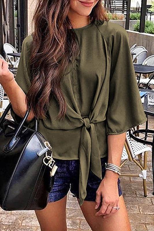 Green Waist Tie Front Flare Sleeve Blouse