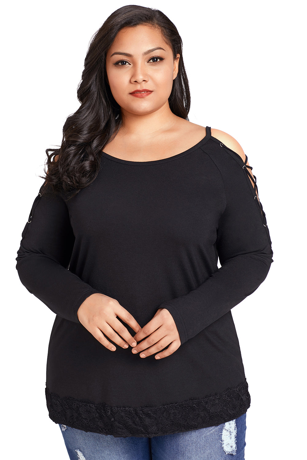 Black Lace up Sleeves Plus Size Top