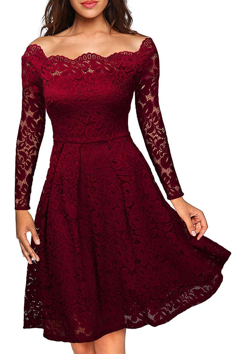 Wine Plus Size Scalloped Off Shoulder Flared Lace Dress
