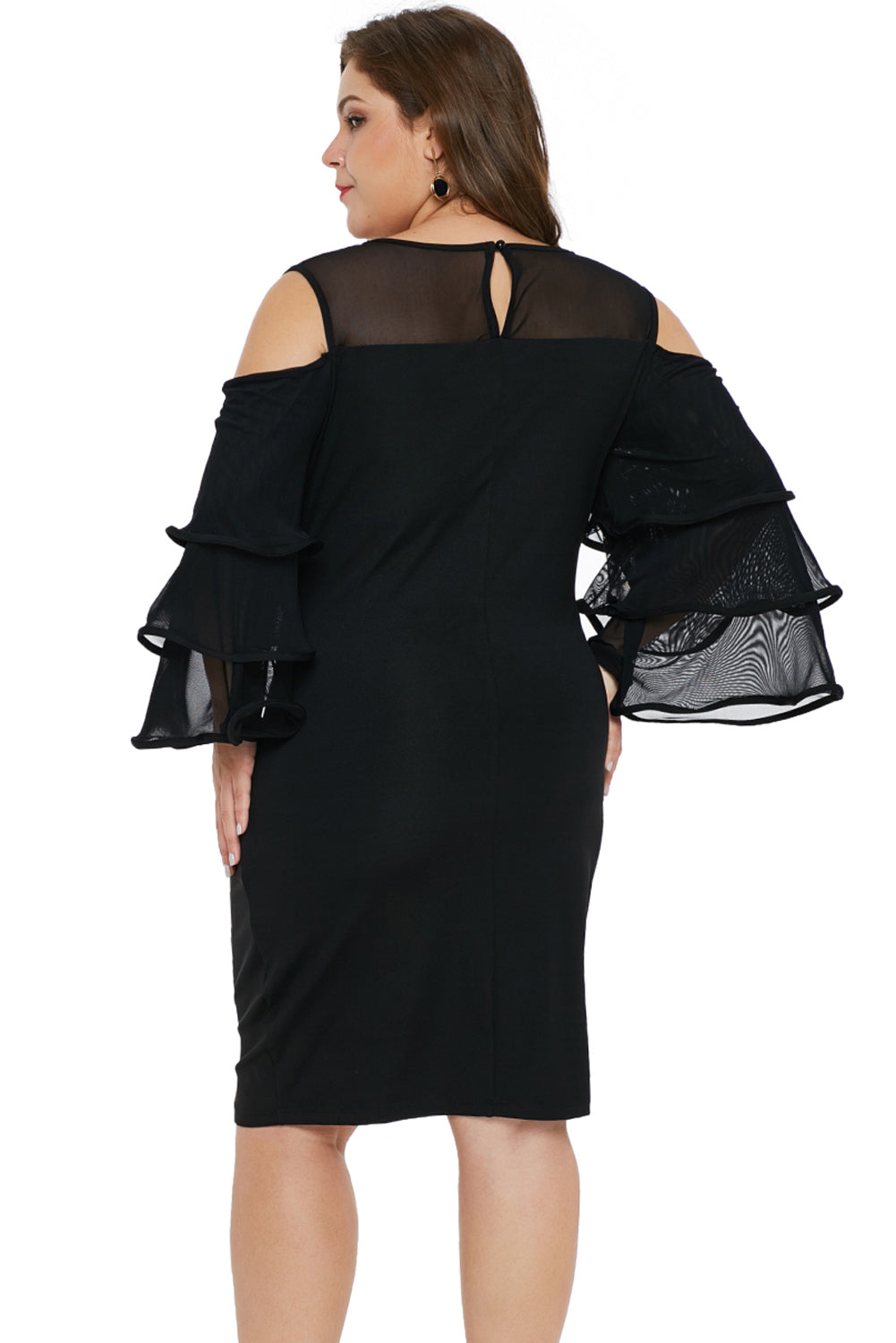 Black Cold Shoulder Cascading Sleeve Dress