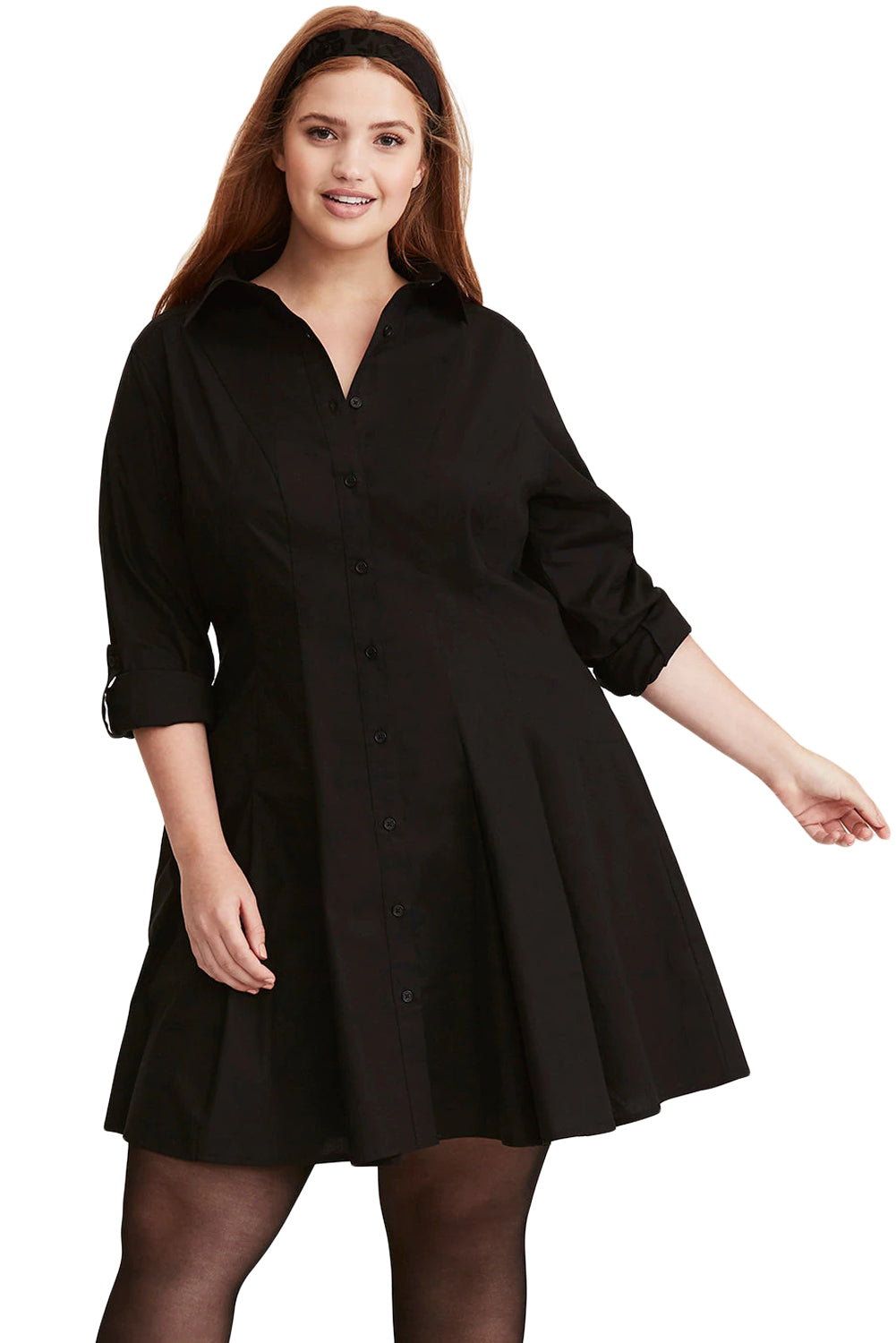 Button Down Plus Size Flared Shirt Dress-Black
