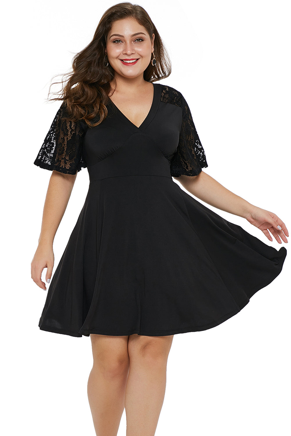 Black Short Sleeve Lace Patchwork Plus Size Skater Dress