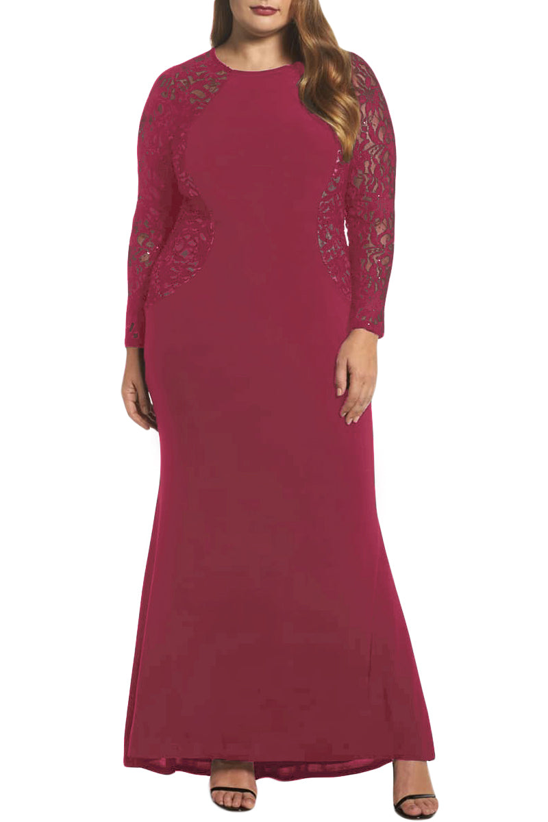 Red Lace and Knit Plus Size A-line Gown