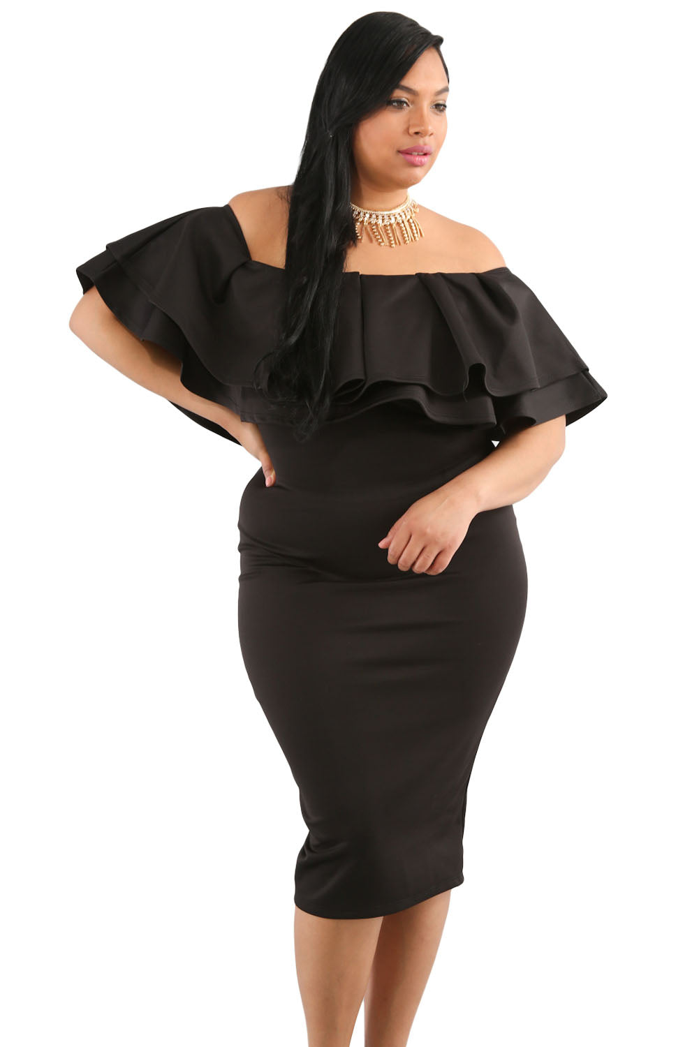 Black Layered Ruffle Off Shoulder Curvaceous Dress