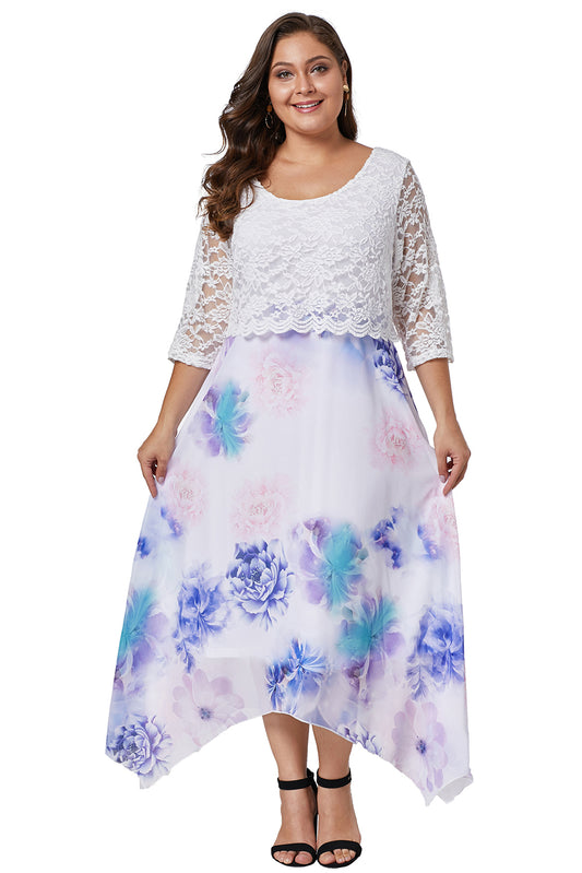 White Plus Size Floral Dress With Lace Overlay