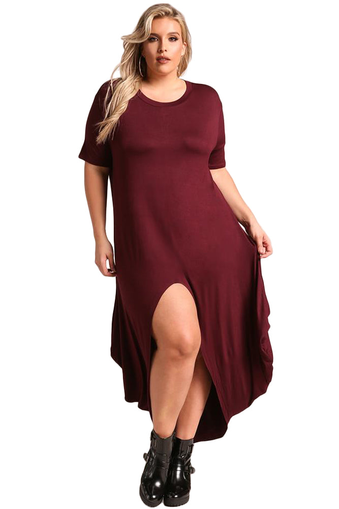 Burgundy Plus Size Hi-Lo Slit Jersey Knit Maxi Dress