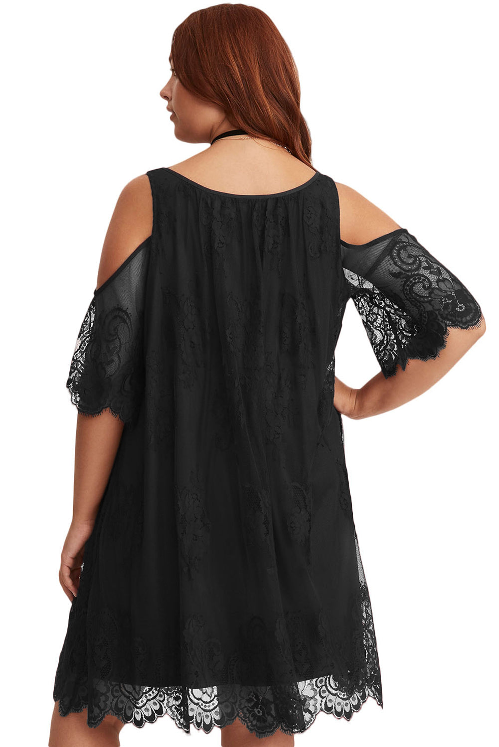 Lace Cold Shoulder Trapeze Dress (Burgundy, Black, White)