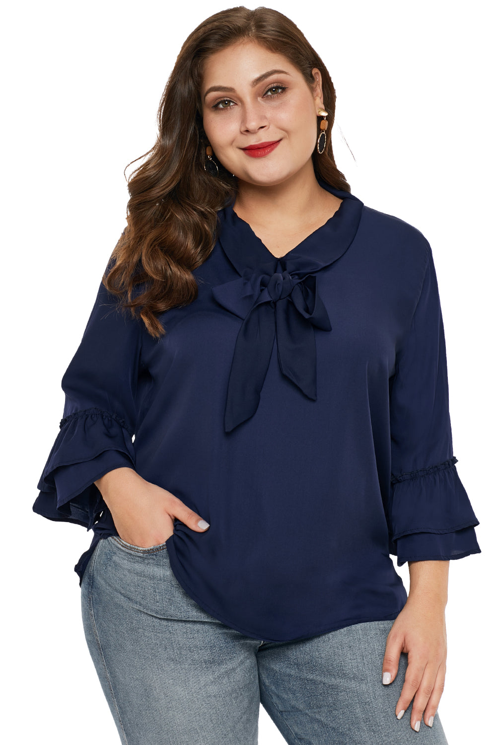 Navy Blue Tie Neck Ruffle Sleeved Plus Size Blouse