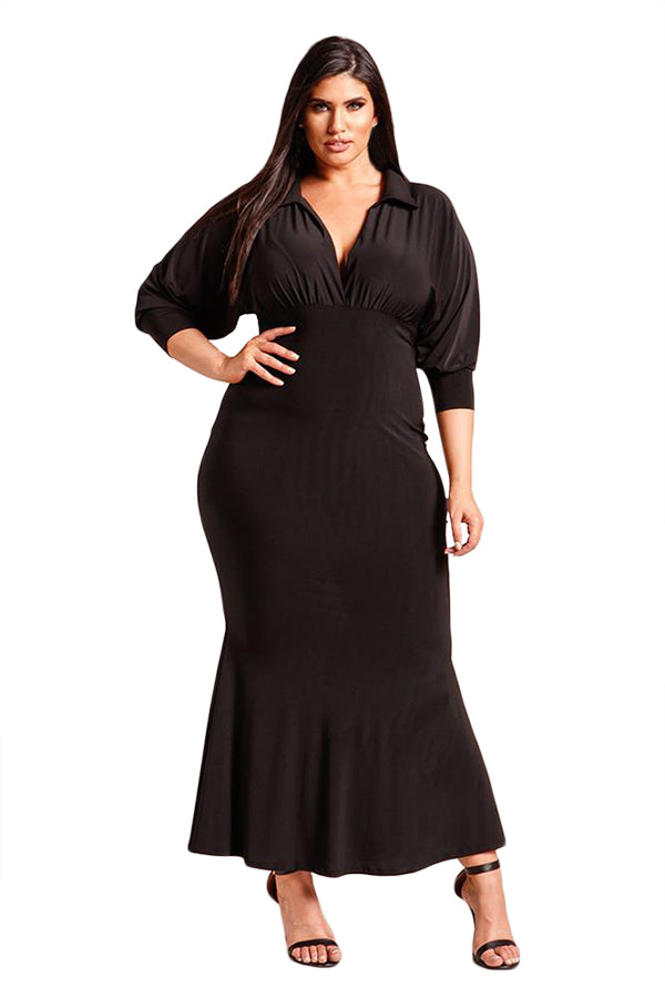 Black Plus Size Collared Deep V Maxi Dress