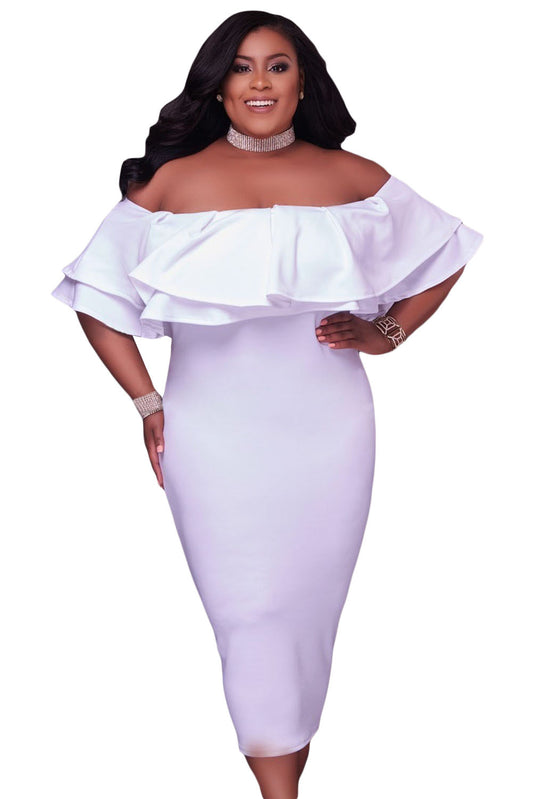 White Layered Ruffle Off Shoulder Curvaceous Dress