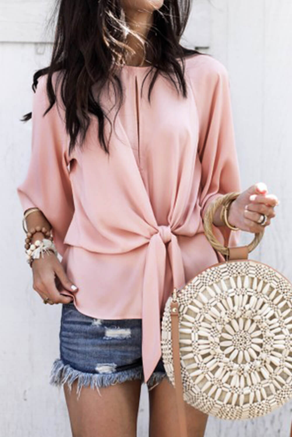Pink Waist Tie Front Flare Sleeve Blouse