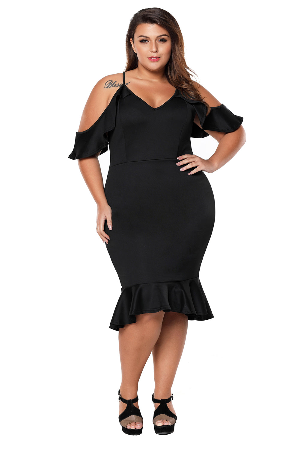 Black Plus Size Ruffle Cold Shoulder Flounced Dress