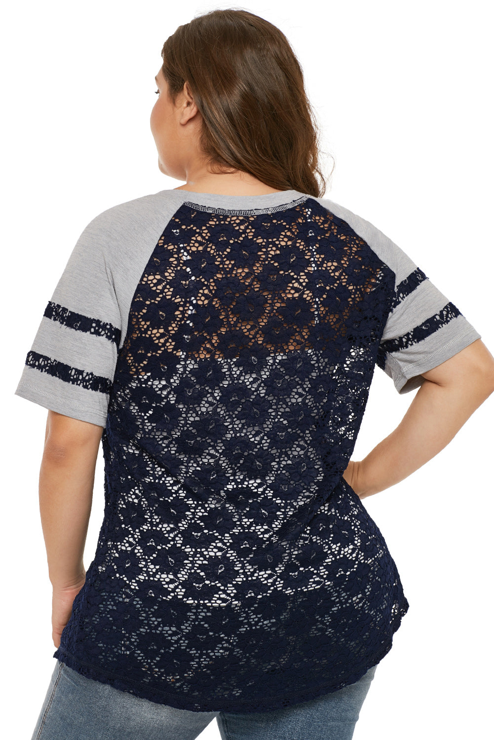Blue Lace Panel Raglan Sleeve T-shirt