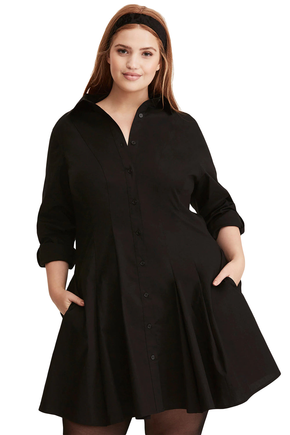 Black Button Down Plus Size Flared Shirt Dress