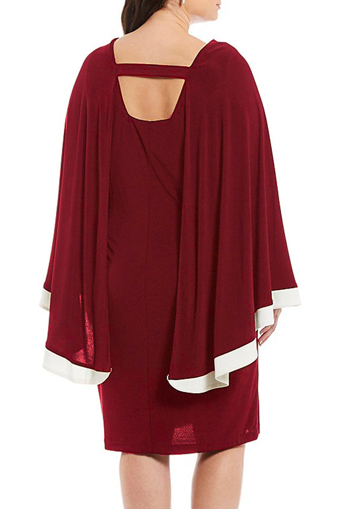 Burgundy Contrast Trim Capelet Plus Size Poncho Dress