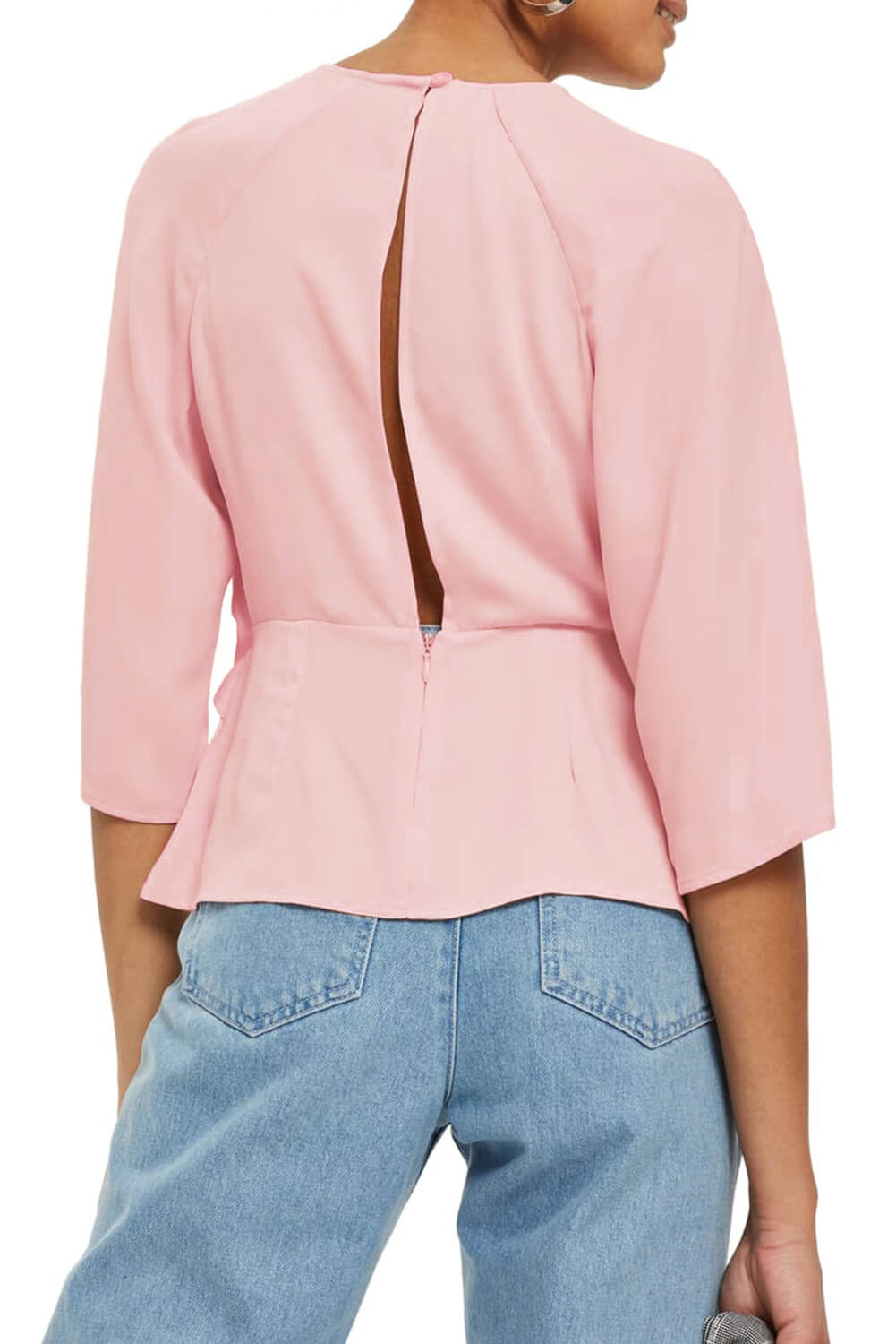 Pink Waist Tie Front Flare Sleeve Blouse