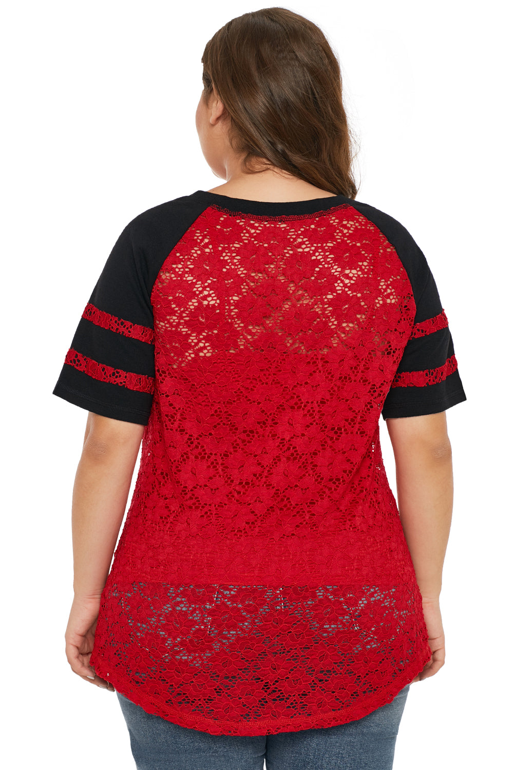 Red Lace Panel Raglan Sleeve T-shirt