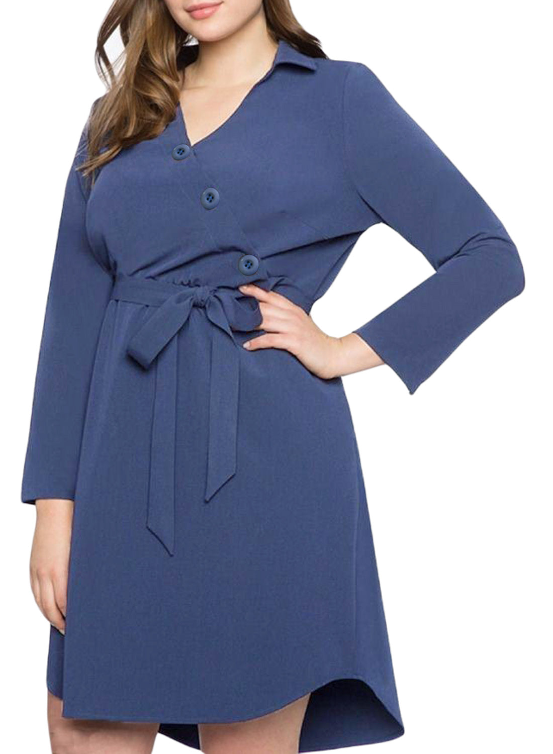 Navy Blue Diagonal Button Detail V Neck Plus Size Dress