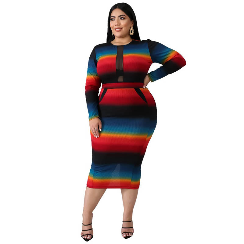 Plus Size Colorful Long Sleeve Print Midi Dress