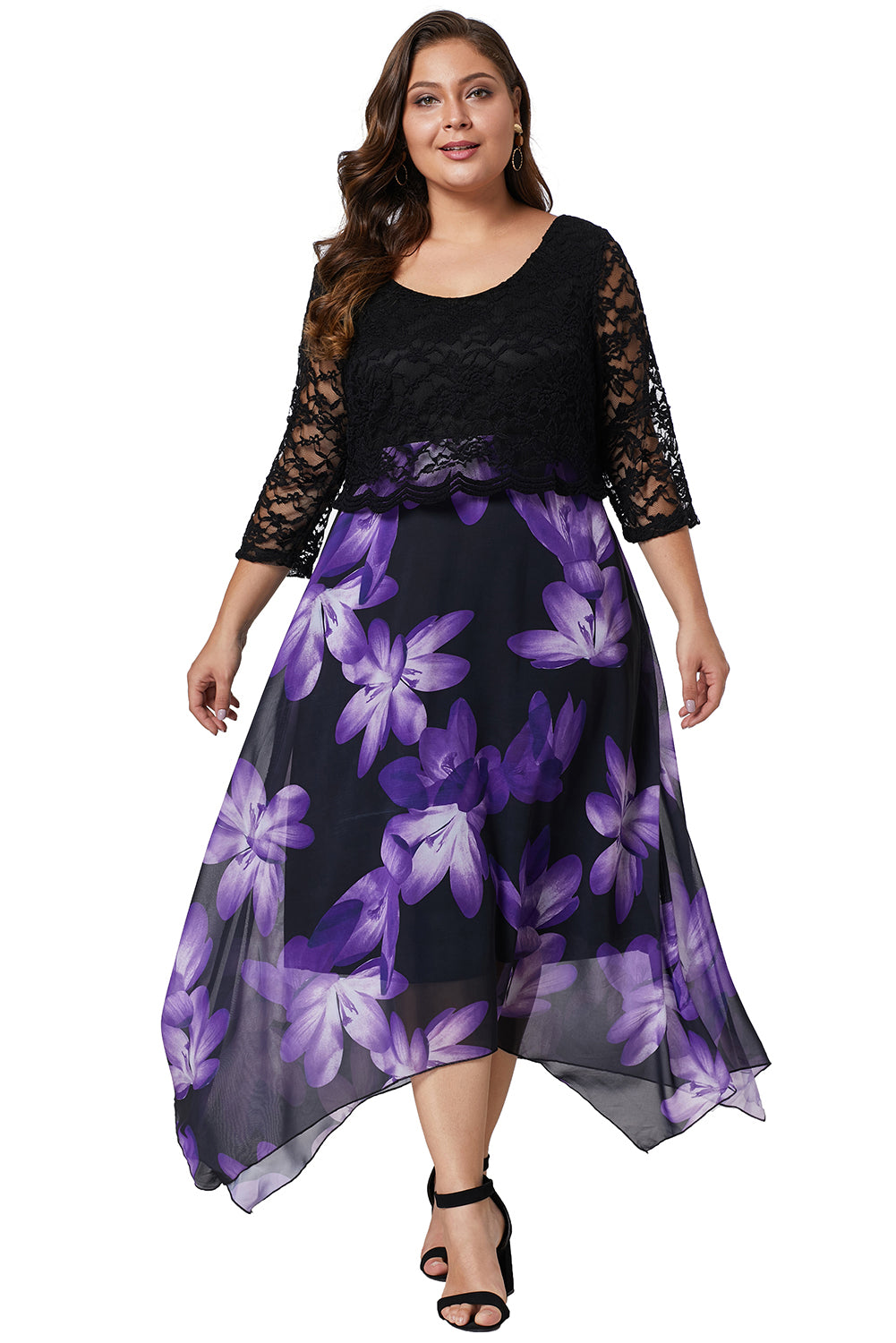 Black Plus Size Floral Dress With Lace Overlay