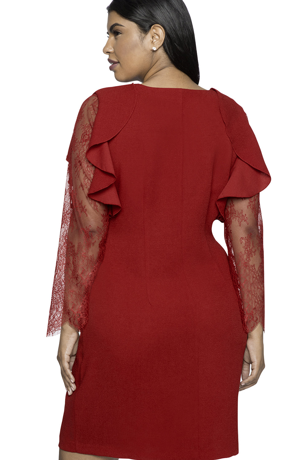 Ruffle Trim Lace Sleeve Plus Size Shift Dress