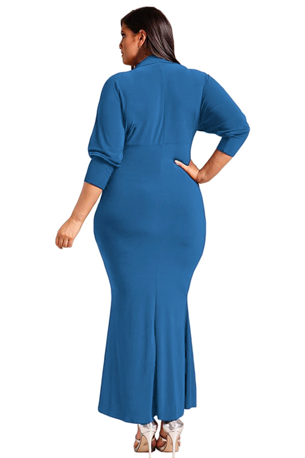 Navy Blue Plus Size Collared Deep V Maxi Dress