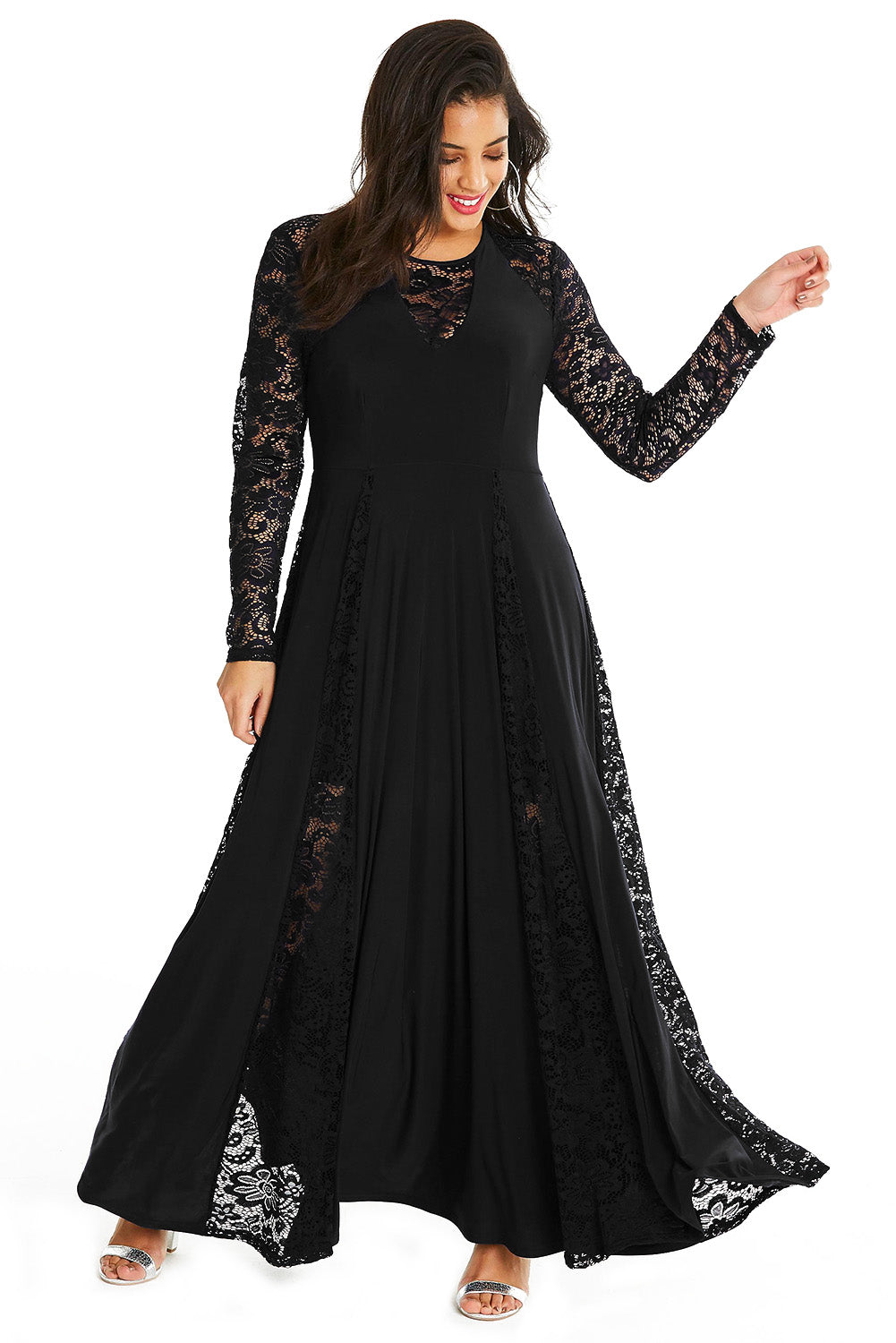 Black Night Lace Insert Plus Size Maxi Dress
