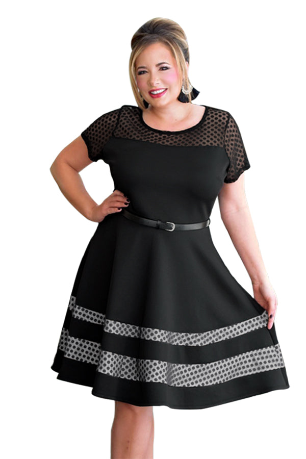 Black Dotted Mesh Insert Flare Plus Size Dress with Belt