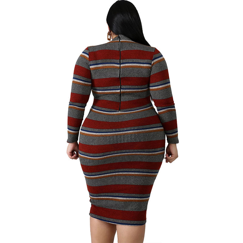 Plus Size Stripes Long Sleeve Bodycon Dress