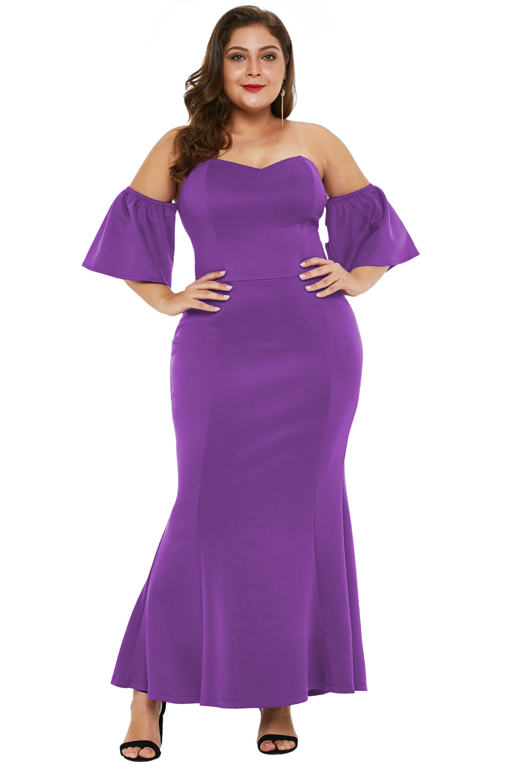 Purple Sexy Strapless Drop Shoulder Plus Size Maxi Dress with Ruffles