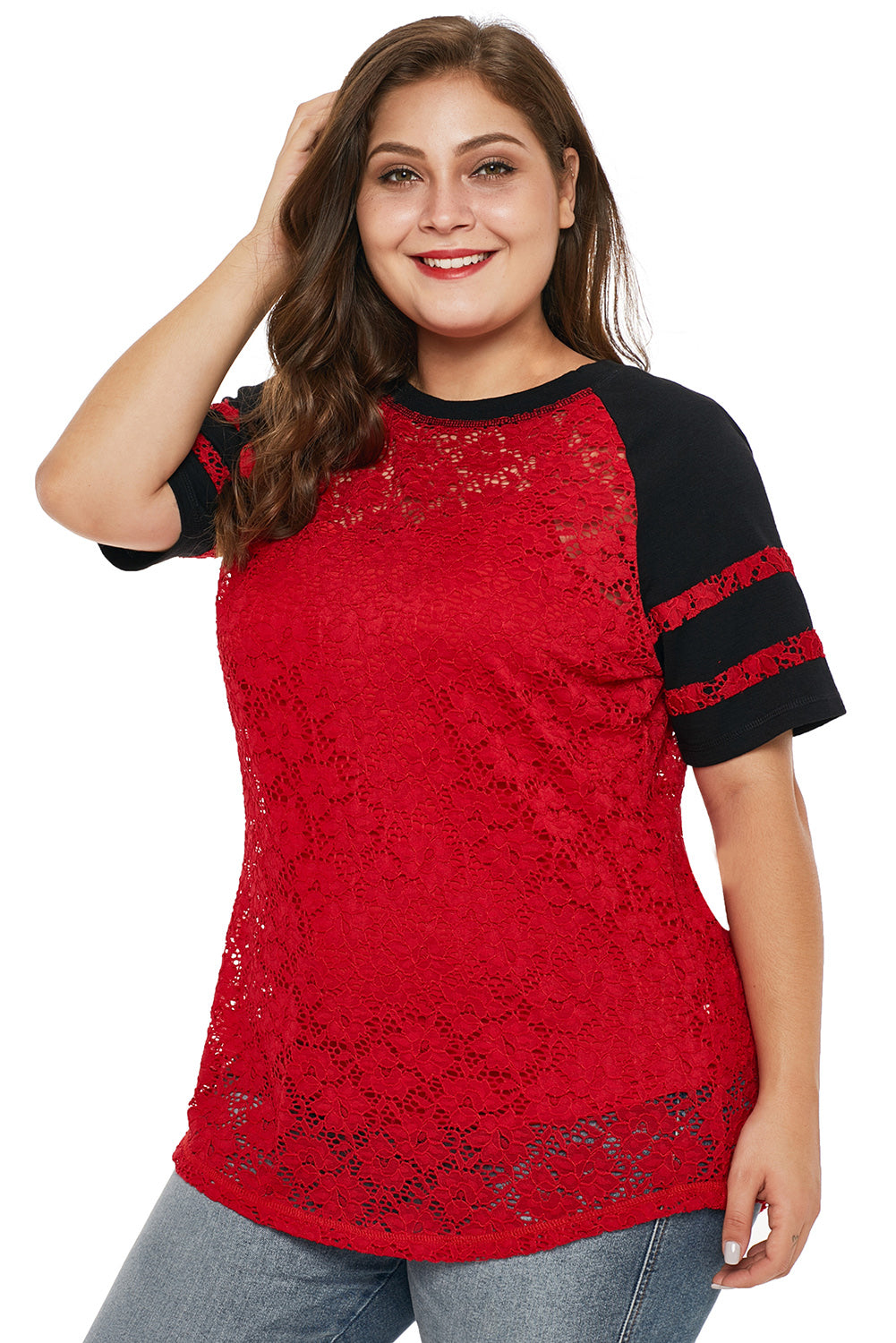 Red Lace Panel Raglan Sleeve T-shirt
