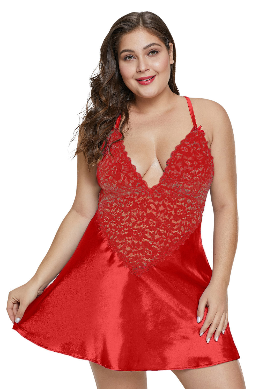 Red Plus Size Satin and Lace Chemise Set