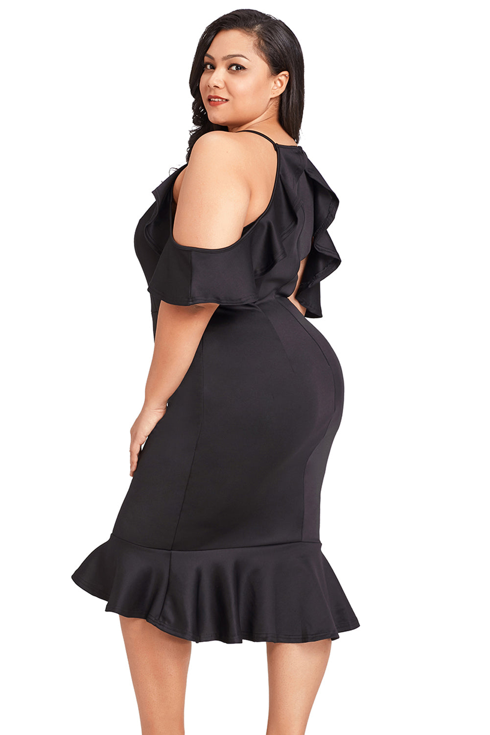 Black Plus Size Ruffle Cold Shoulder Flounced Dress