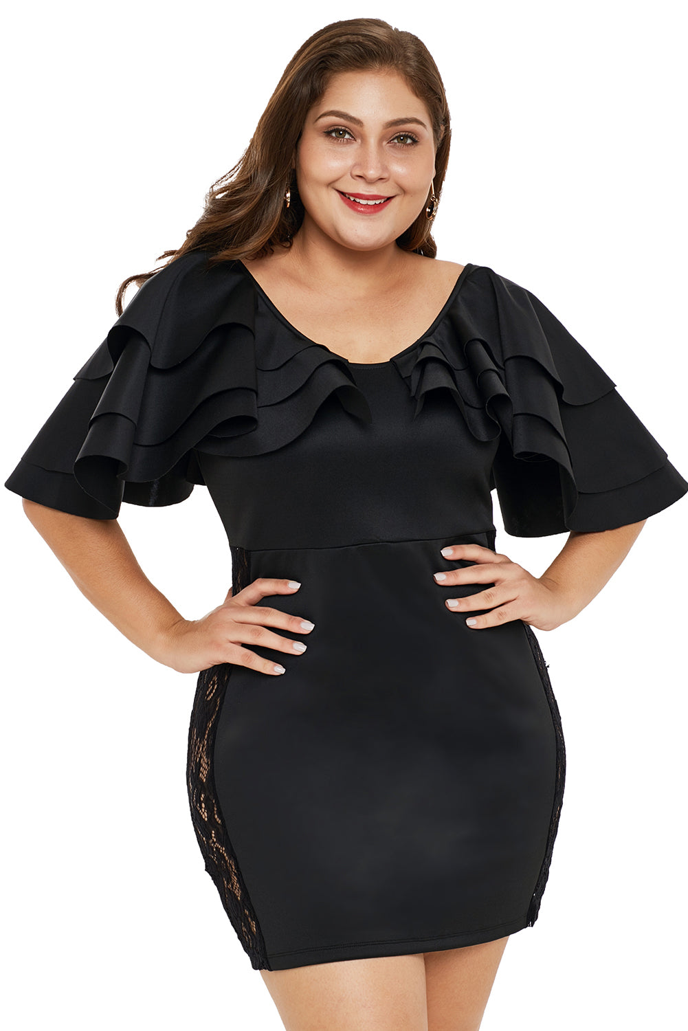 Black Cascading Shoulder Lace Insert Plus Size Dress