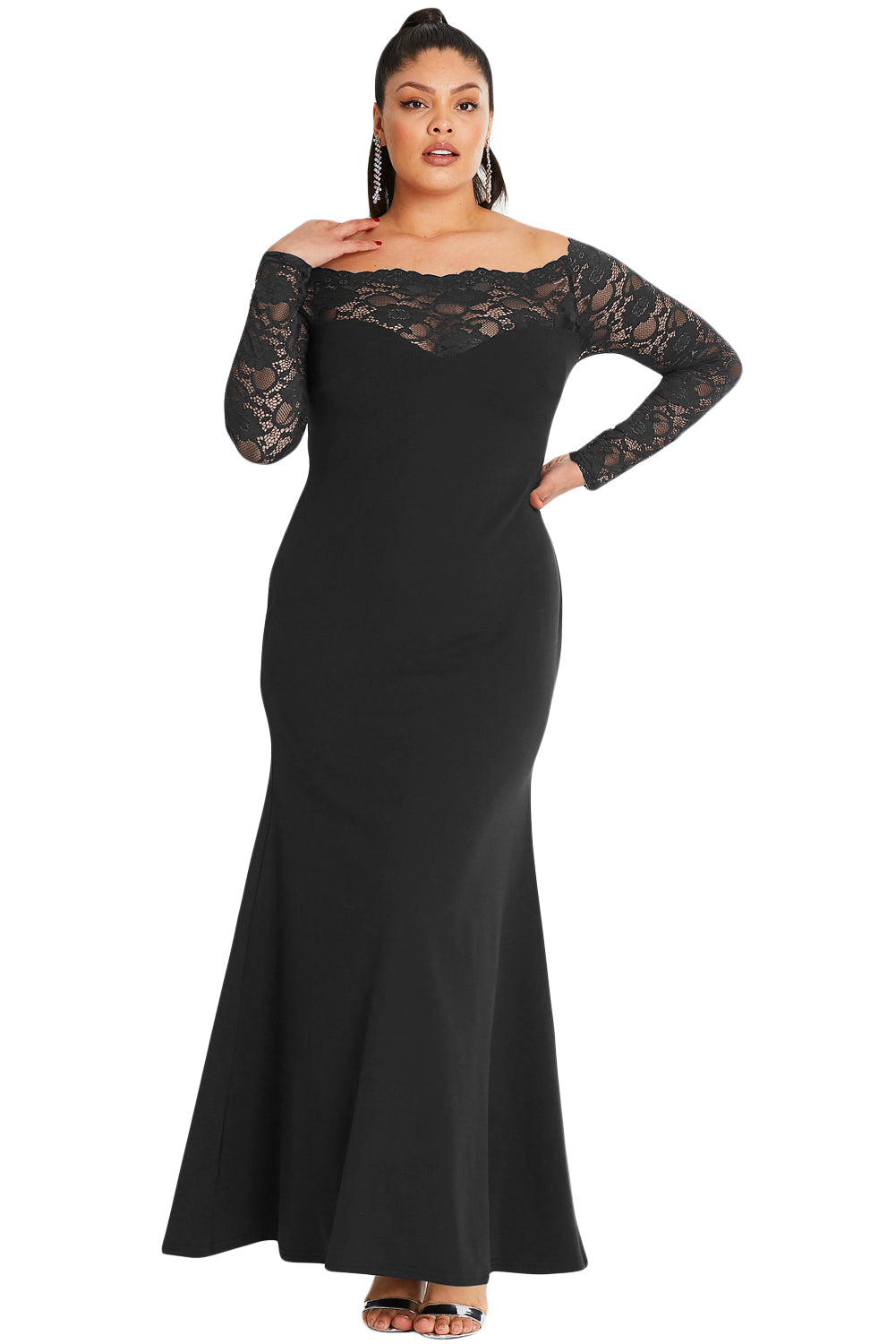 Black Lace Off-The-Shoulder Plus Size Maxi Dress