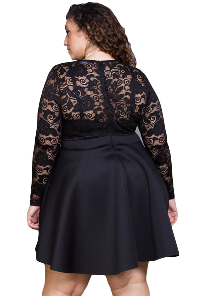 Black Floral Lace Patchwork Flared Curvy Dress