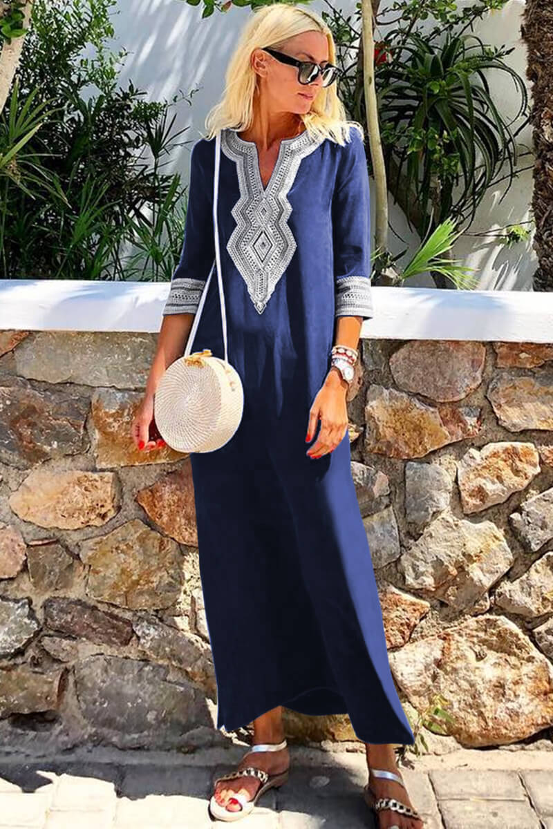 Blue Casual Crochet Embroidered Slit Summer Dress