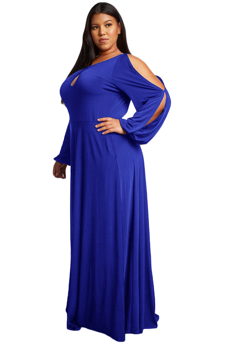 Royal Blue Split Long Sleeve Plus Size Maxi Dress