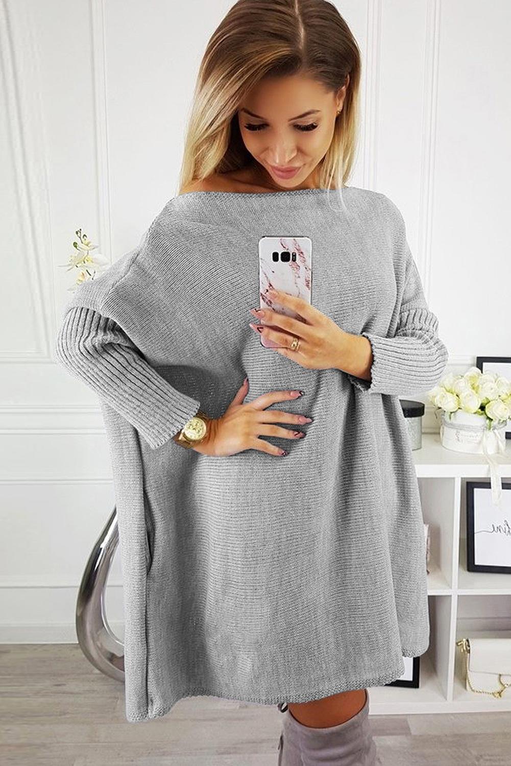 Gray Oversized Batwing Sleeve Sweater Dress