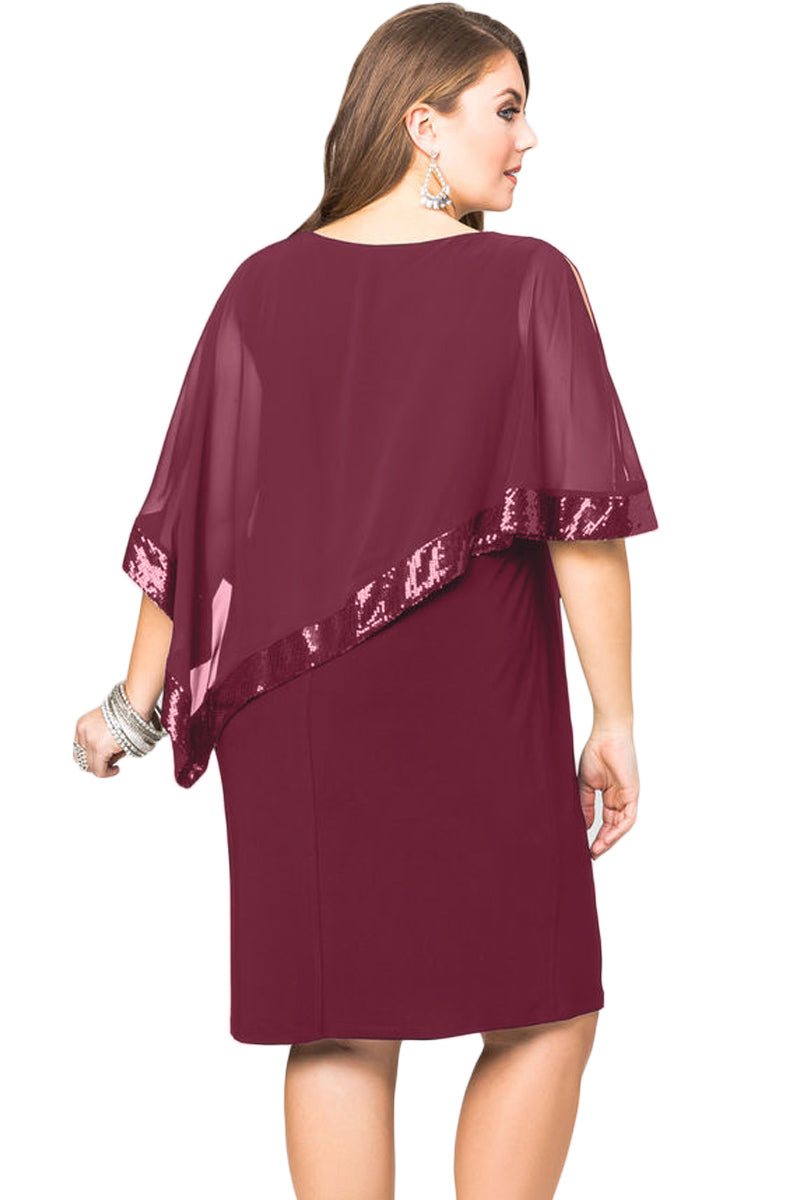 Burgundy Sequined Mesh Overlay Plus Size Poncho Dress