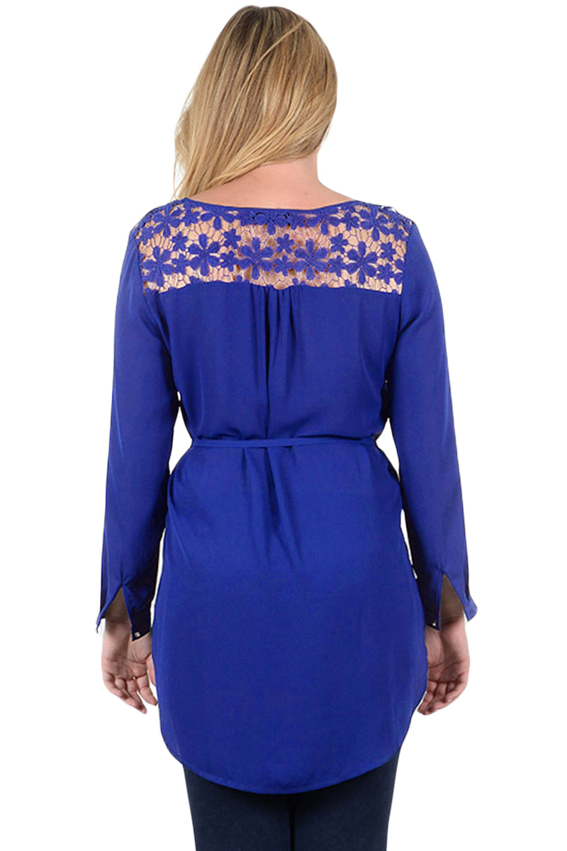 Navy Blue Lace Embellished Long Tail Plus Size Top