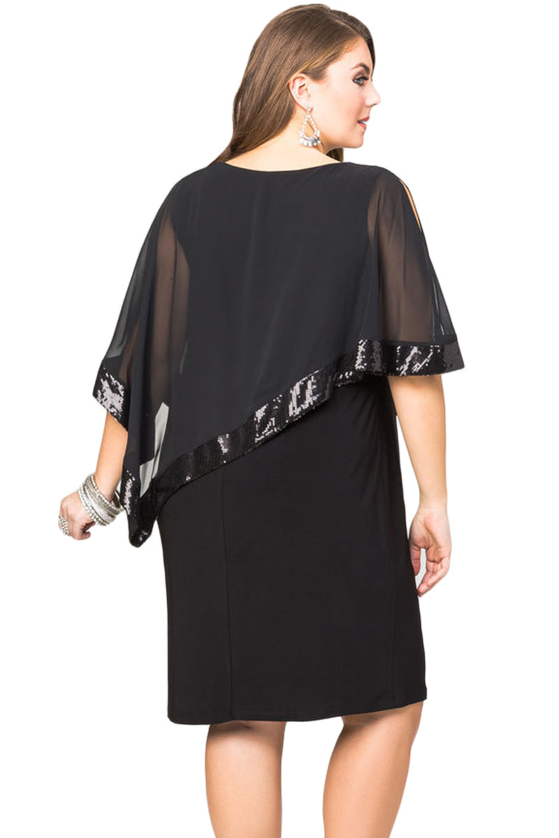Black Sequined Mesh Overlay Plus Size Poncho Dress